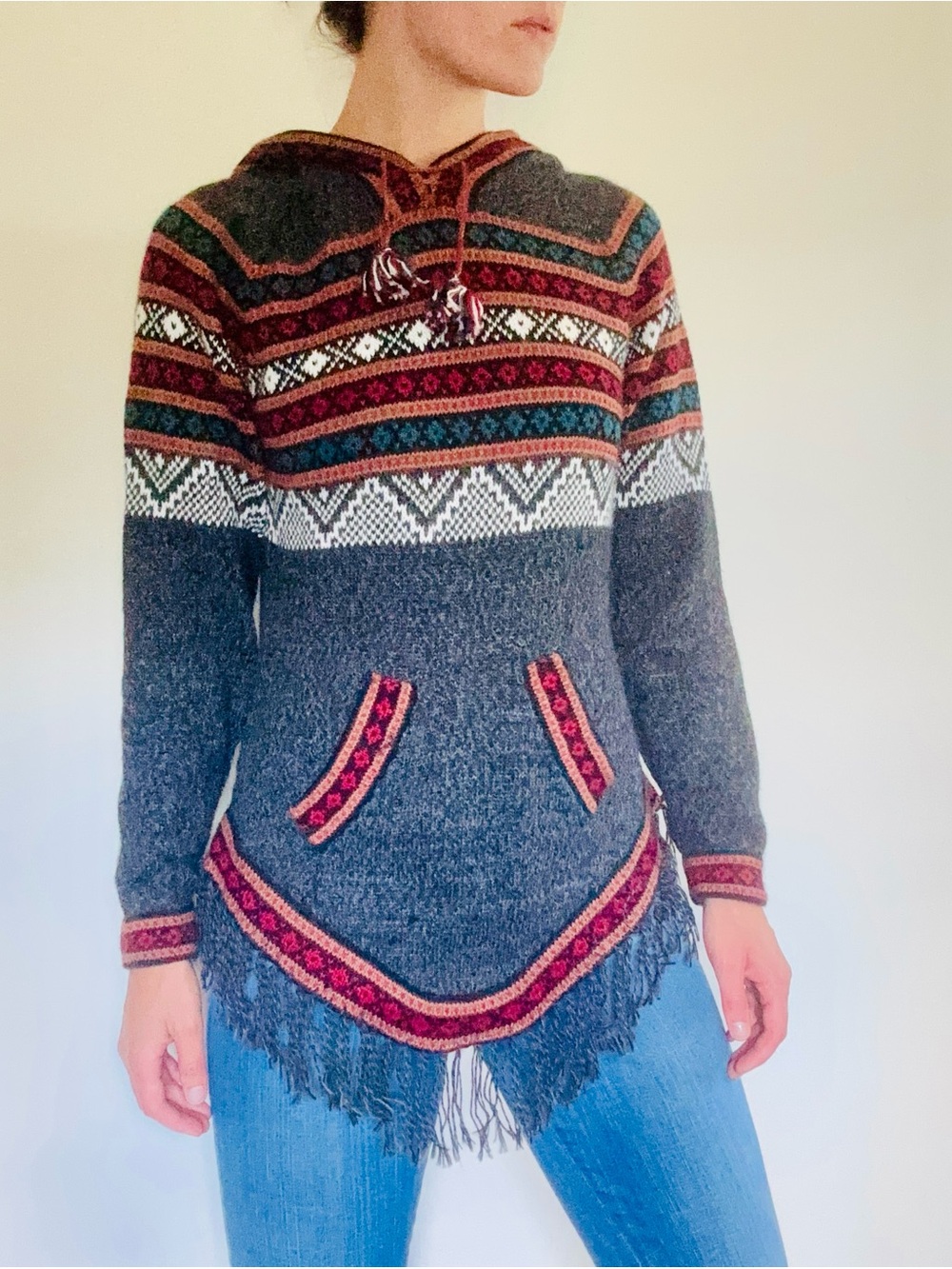 Women's Artesania Edm Alpaca Wool Knit Hooded Sweater Large Tassels Peru Pocket